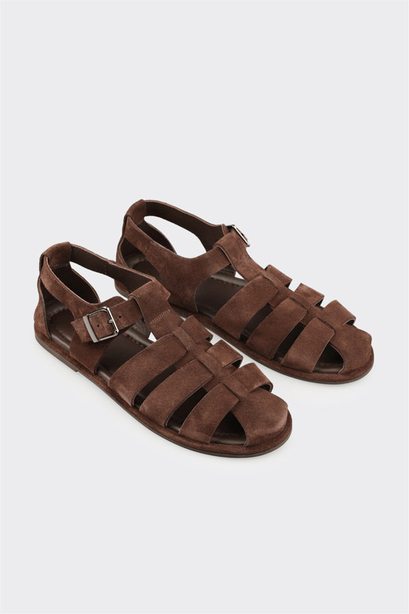 Kahve deri düz kadın sandalet - Elle Shoes