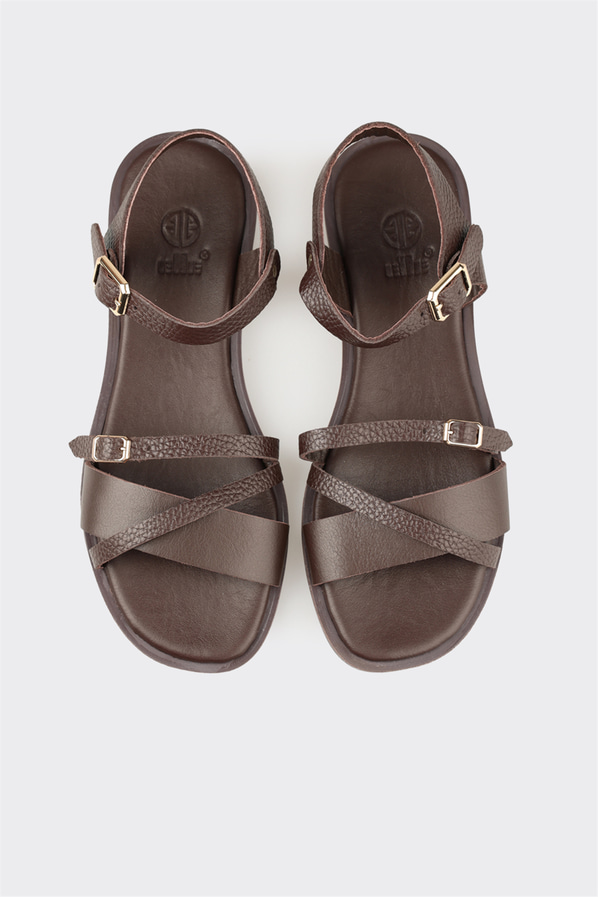 Kahve deri düz kadın sandalet - Elle Shoes