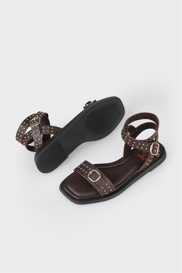 Kahve deri düz bantlı kadın sandalet - Elle Shoes