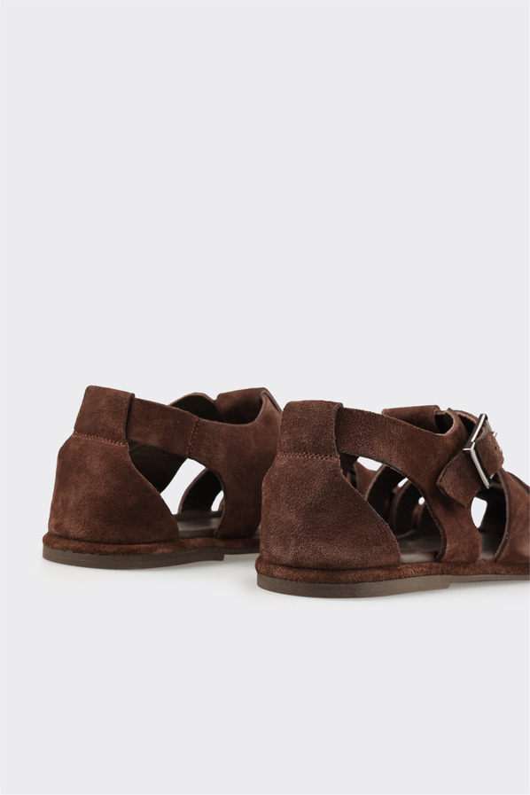 Kahve deri düz kadın sandalet - Elle Shoes