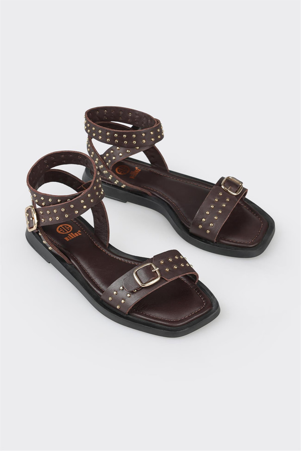 Kahve deri düz bantlı kadın sandalet - Elle Shoes