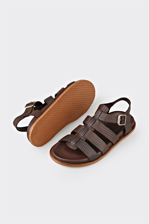 Kahve deri düz kadın sandalet, ofis stili için - Elle Shoes