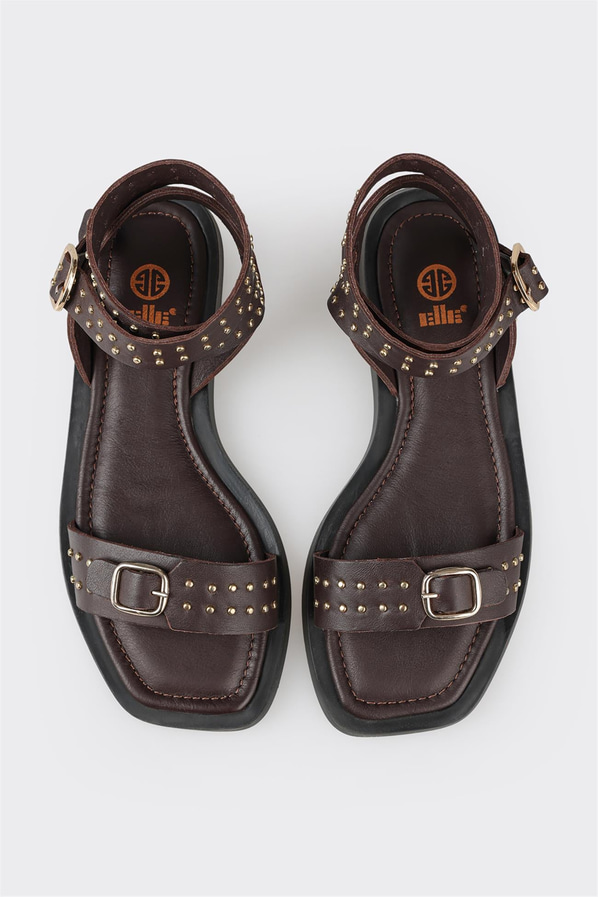 Kahve deri düz bantlı kadın sandalet - Elle Shoes