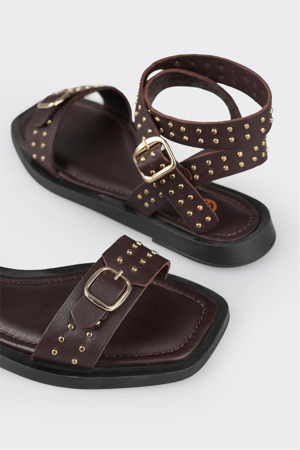 Kahve deri düz bantlı kadın sandalet - Elle Shoes
