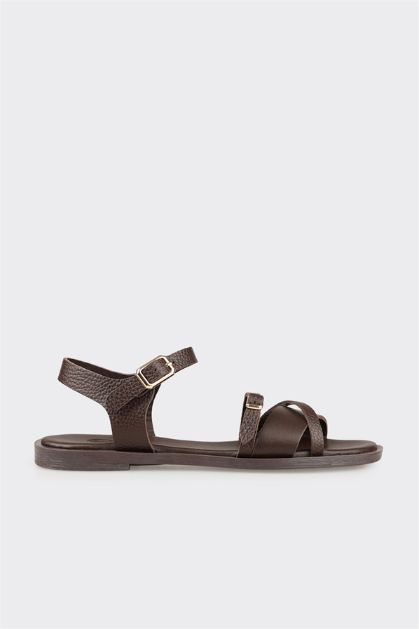 Kahve deri düz kadın sandalet - Elle Shoes