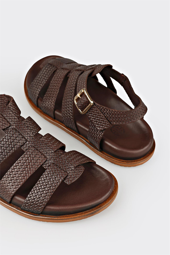 Kahve deri düz kadın sandalet, ofis stili için - Elle Shoes