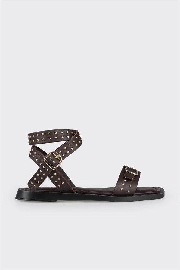 Kahve deri düz bantlı kadın sandalet - Elle Shoes