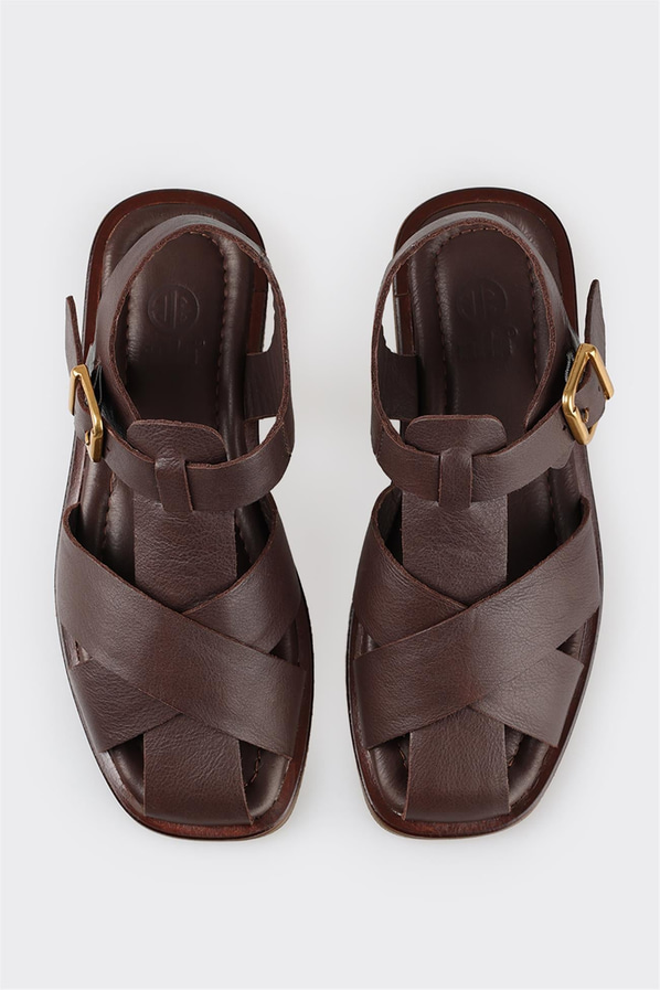 Kahve deri kadın düz sandalet, günlük kullanım için - Elle Shoes