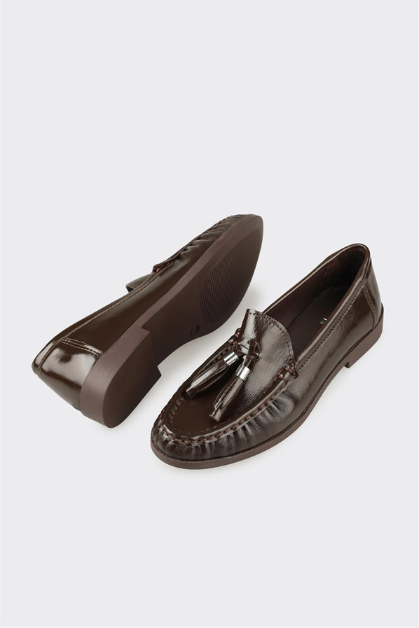 Kahve deri kadın loafer, ofis stili için - Elle Shoes