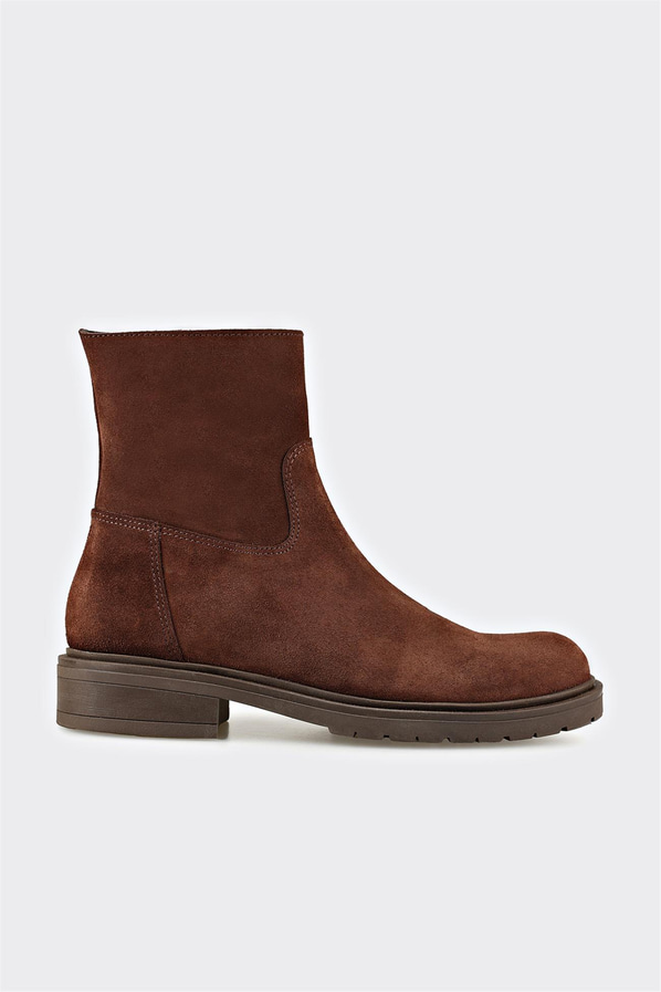 Kahve deri ve süet yan fermuarlı kadın bot, rahat kullanım için - Elle Shoes