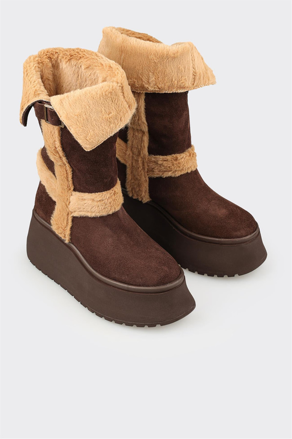 Kahve bronz deri tokalı platform tabanlı kadın bot, rahat kullanım için - Elle Shoes
