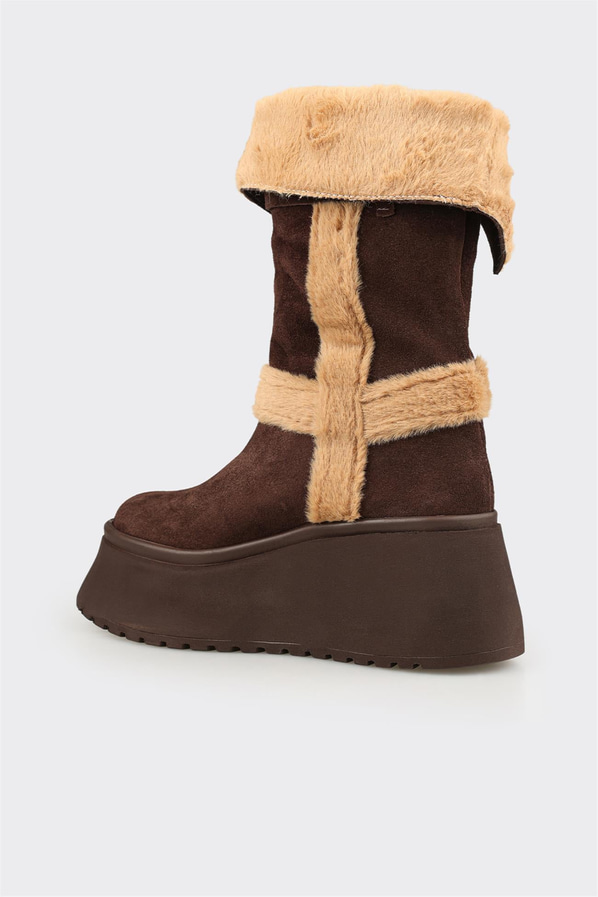 Kahve bronz deri tokalı platform tabanlı kadın bot, rahat kullanım için - Elle Shoes
