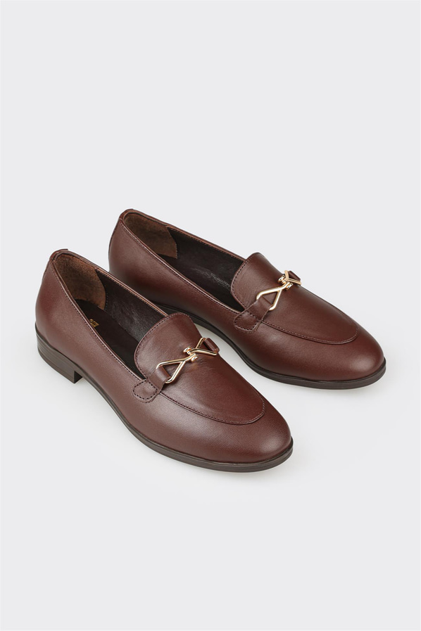 Kahve deri kadın loafer, ofis stili için - Elle Shoes