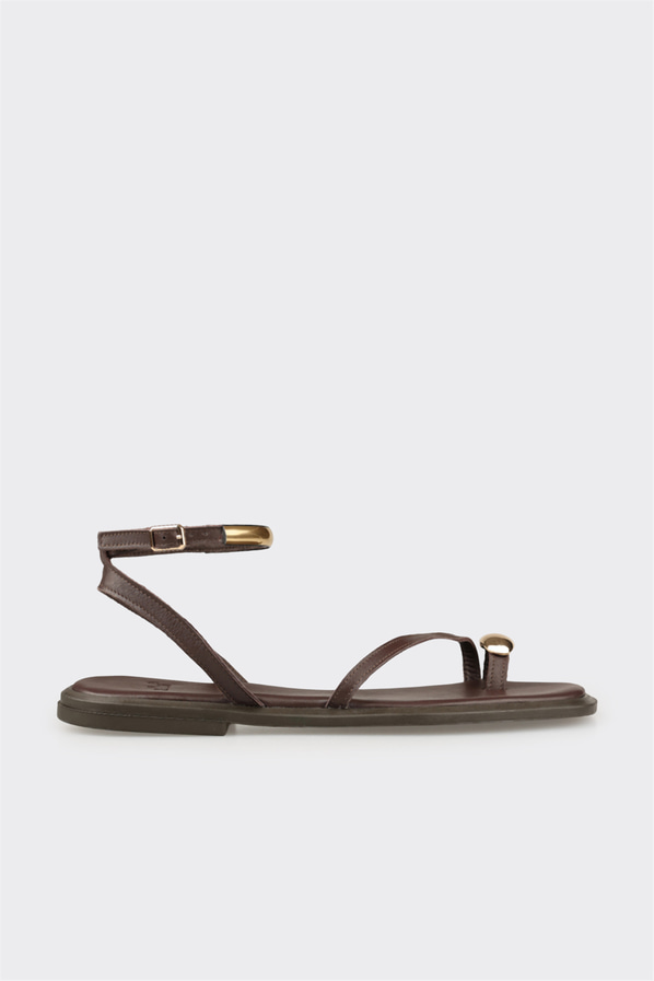 Kahve deri kadın düz sandalet - Elle Shoes