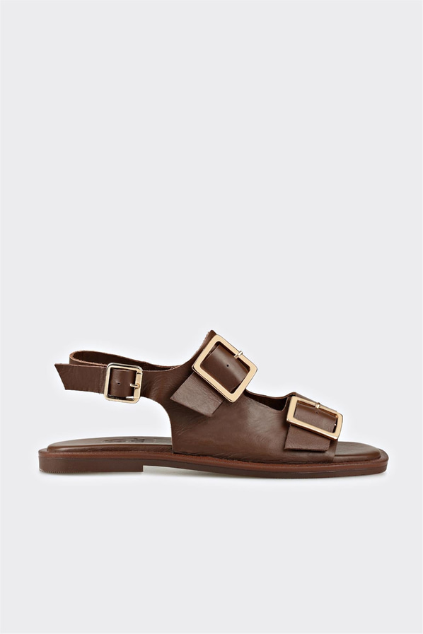 Kahve deri düz kadın sandalet, rahat kullanım için - Elle Shoes