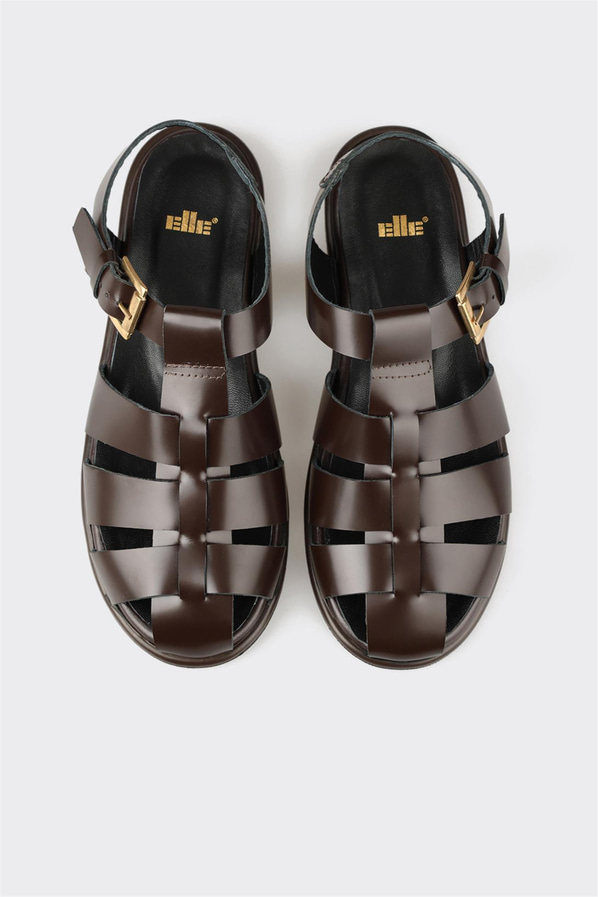 Kahve deri kadın düz sandalet - Elle Shoes