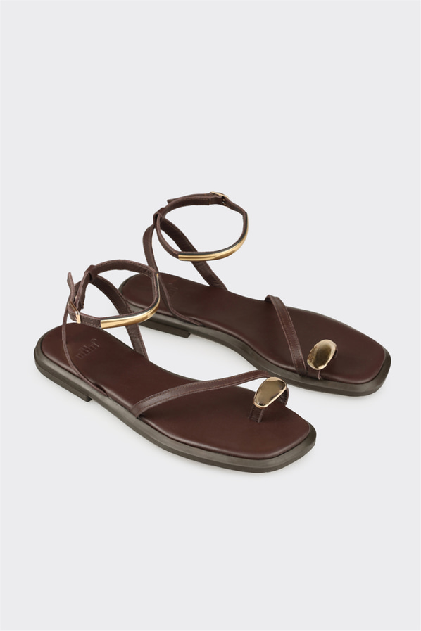 Kahve deri kadın düz sandalet - Elle Shoes