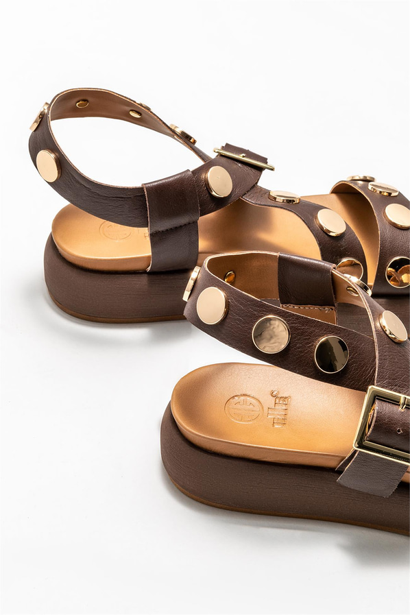 Kahve deri kadın sandalet - Elle Shoes