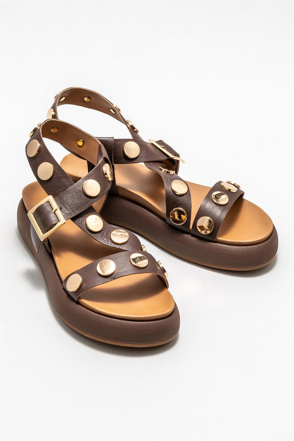 Kahve deri kadın sandalet - Elle Shoes
