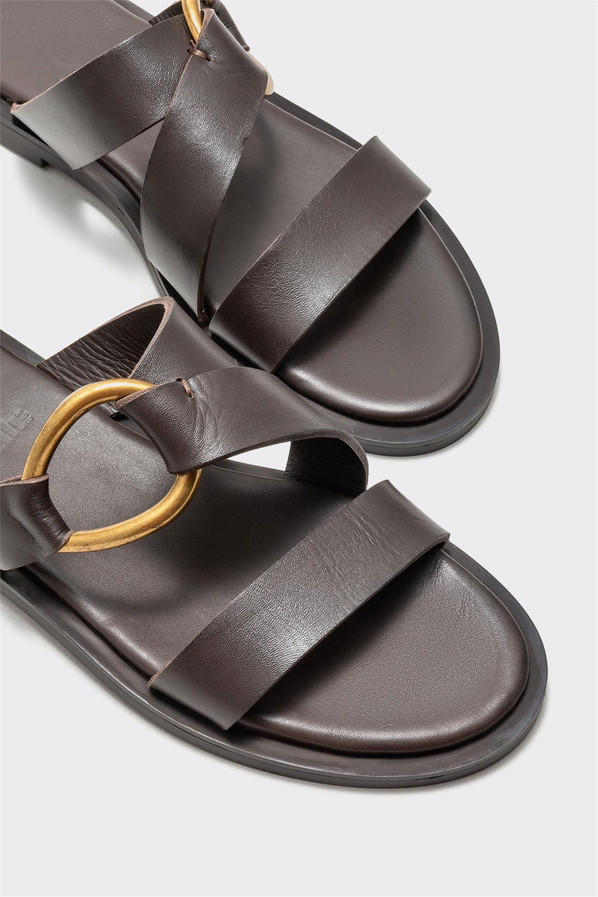 Kahve deri kadın düz terlik - Elle Shoes