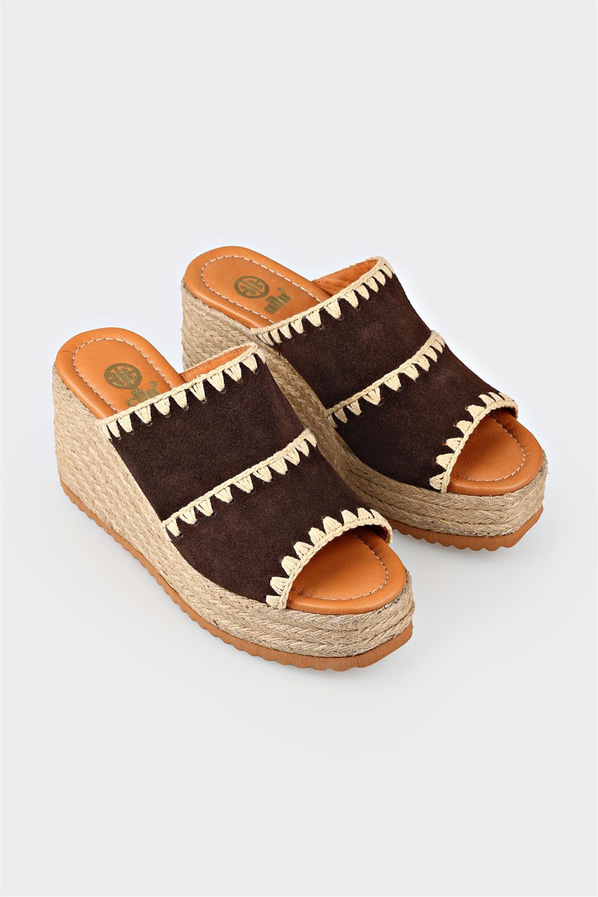 Kahve kot mavisi deri dolgu topuklu kadın terlik, rahat kullanım için - Elle Shoes