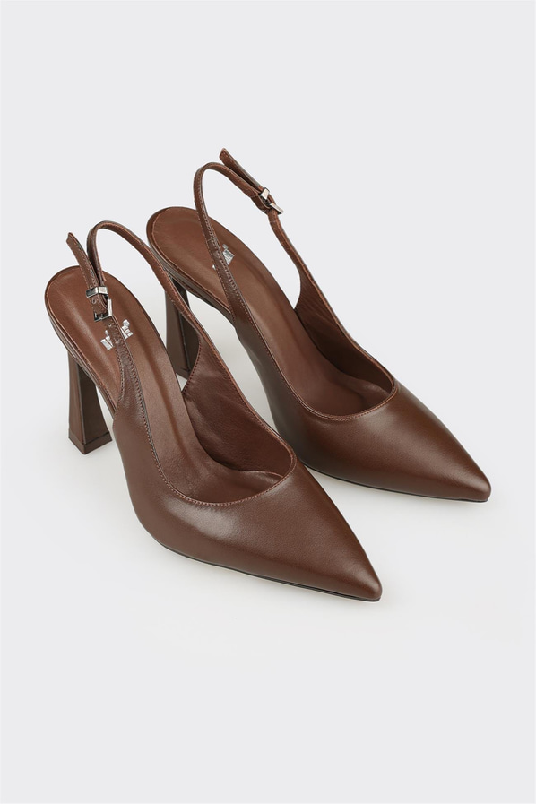 Kahve Deri Kadın Topuklu Ayakkabı