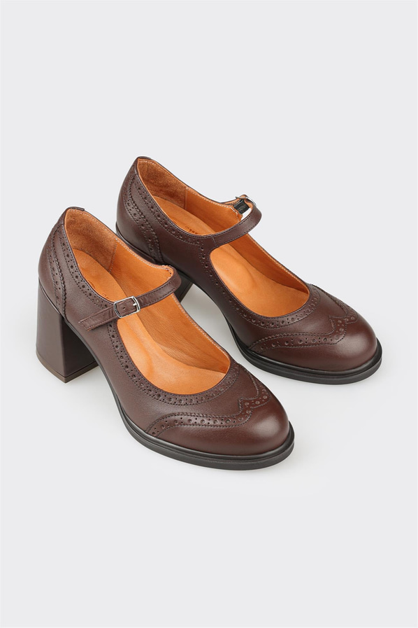Kahve deri topuklu kadın ayakkabı - Elle Shoes