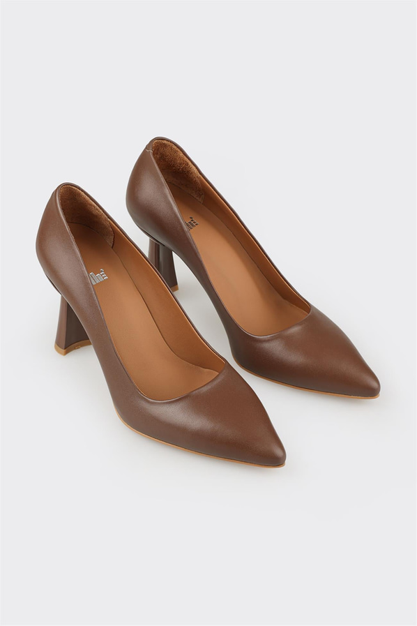Kahve deri örgü dokulu topuklu kadın stiletto - Elle Shoes