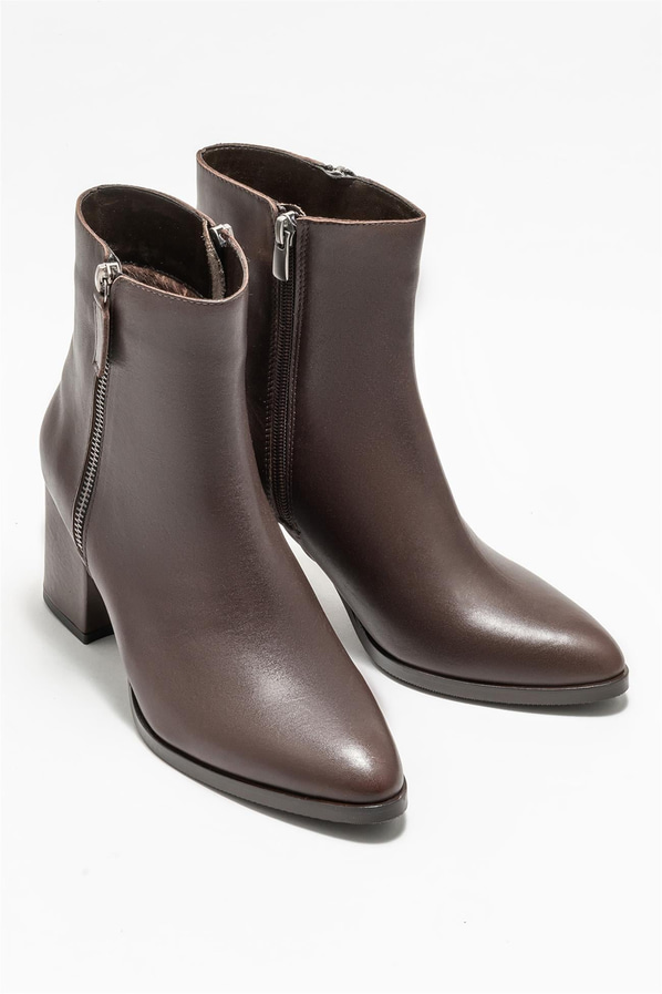 Kahve deri topuklu kadın bot - Elle Shoes