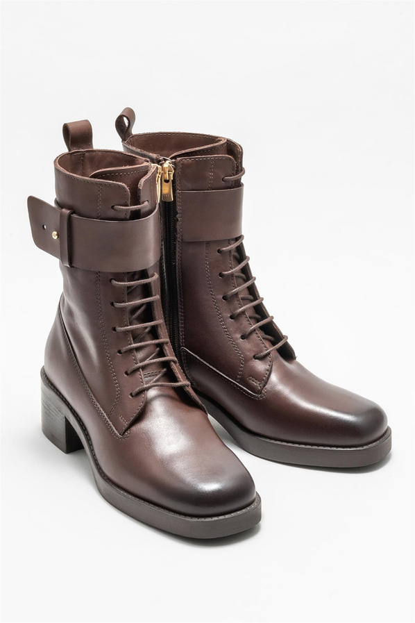 Kahve deri topuklu kadın bot - Elle Shoes