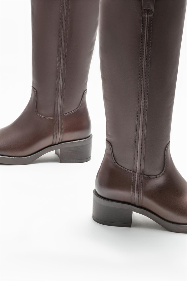 Kahve deri topuklu kadın çizme - Elle Shoes