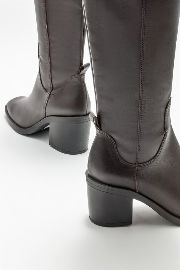 Kahve deri topuklu kadın çizme - Elle Shoes
