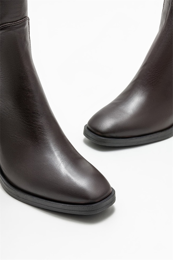Kahve deri topuklu kadın çizme - Elle Shoes