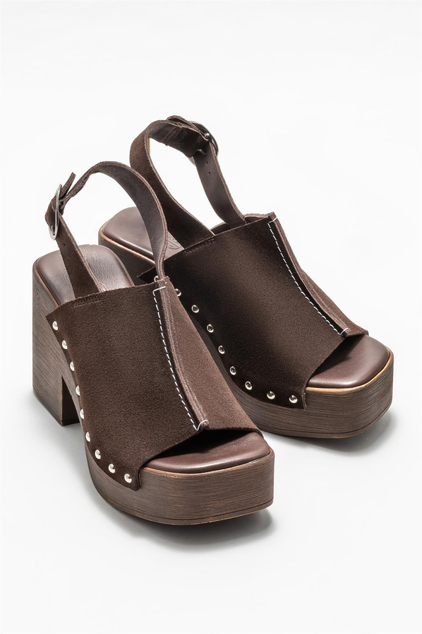 Kahve deri topuklu kadın sandalet - Elle Shoes