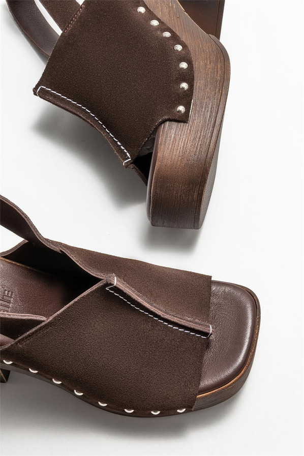 Kahve deri topuklu kadın sandalet - Elle Shoes