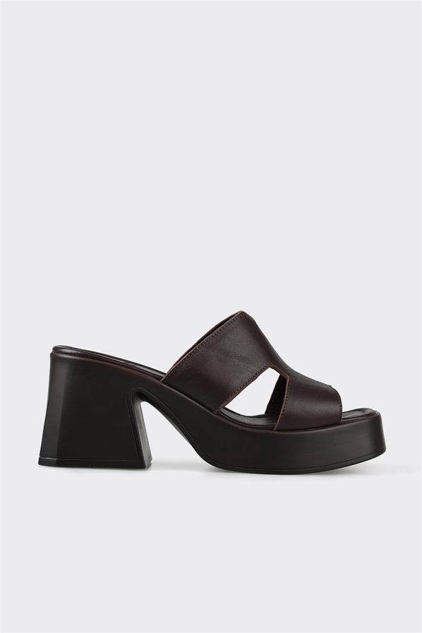 Kahve deri topuklu kadın terlik - Elle Shoes