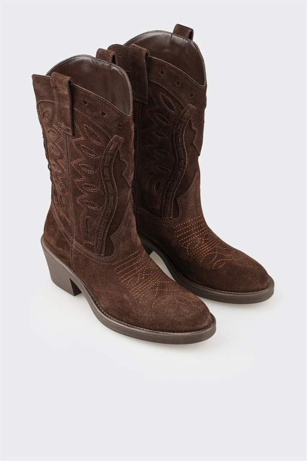 Kahve Deri Kadın Western Bot