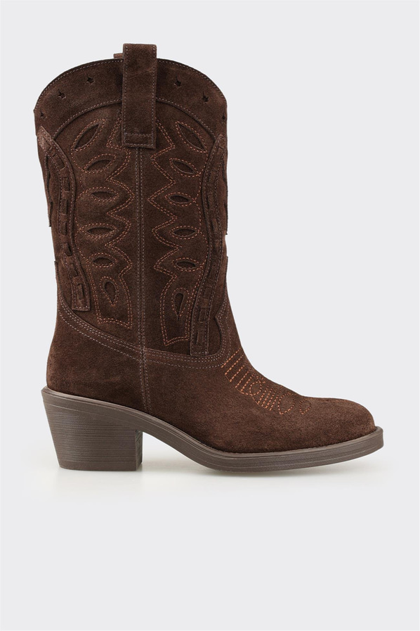 Kahve Deri Kadın Western Bot