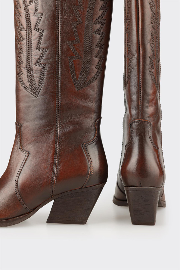 Kahve Deri Kadın Western Çizme