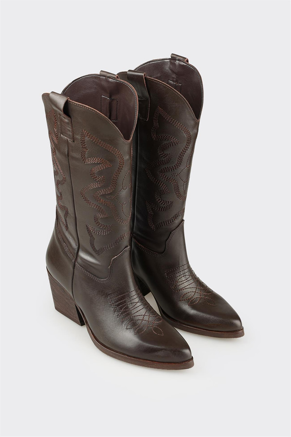 Kahve Deri Kadın Western Çizme