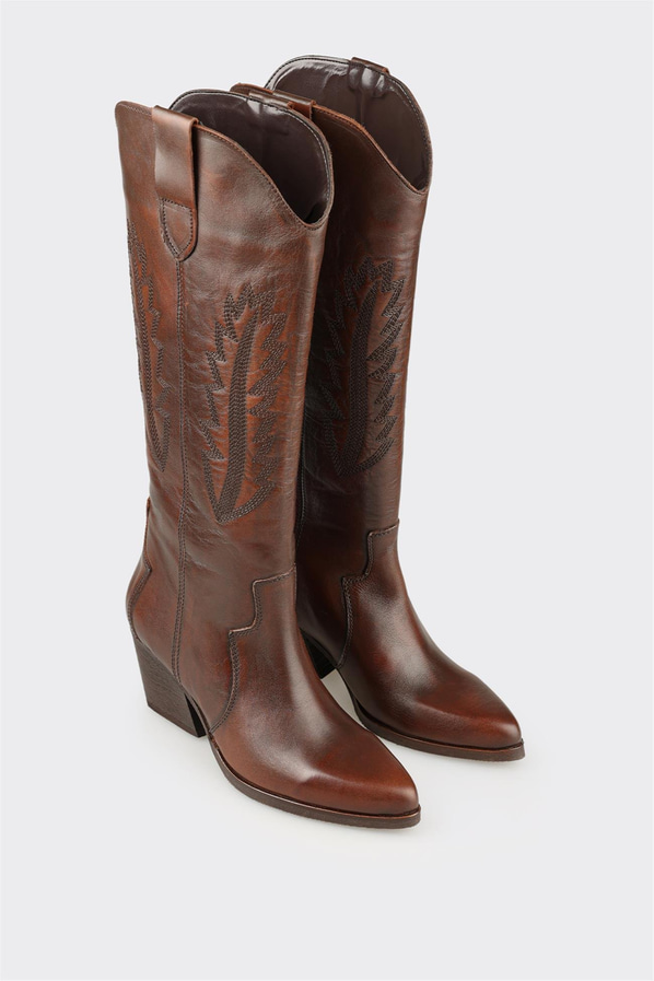 Kahve Deri Kadın Western Çizme