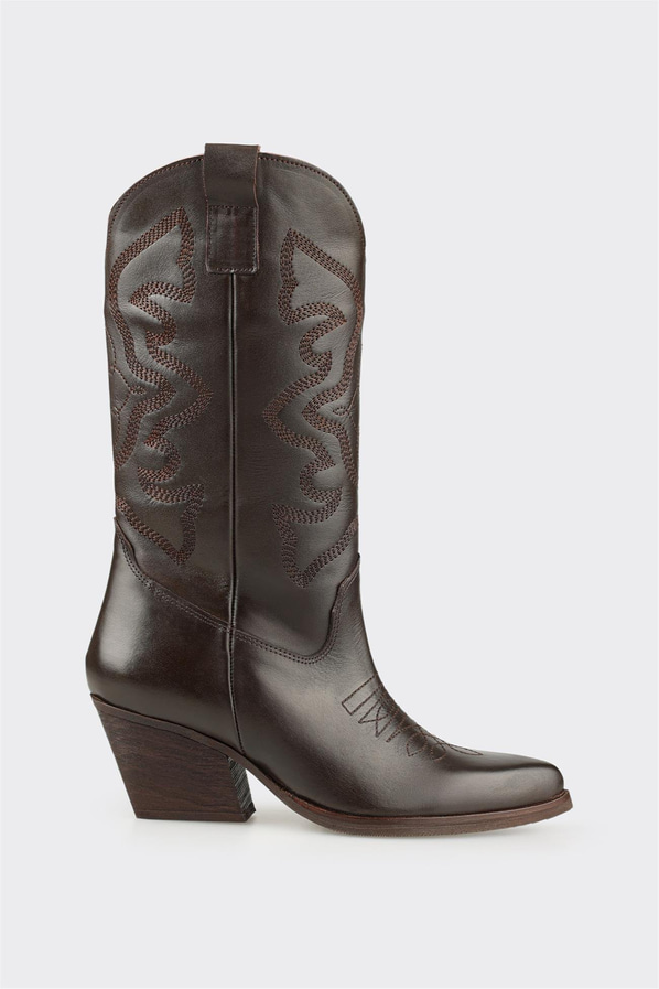 Kahve Deri Kadın Western Çizme