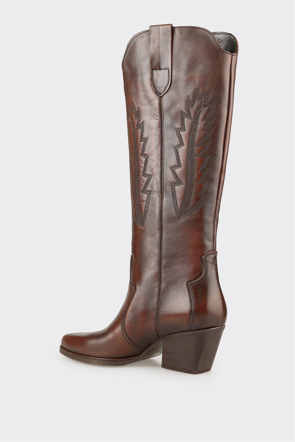 Kahve Deri Kadın Western Çizme