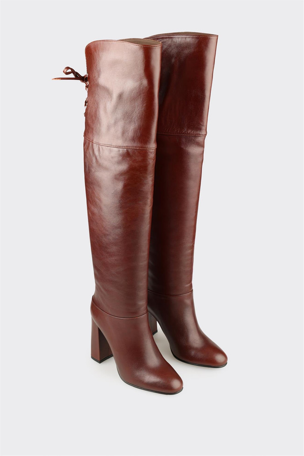 Kahve Deri Kadın Yüksek Topuk Çizme