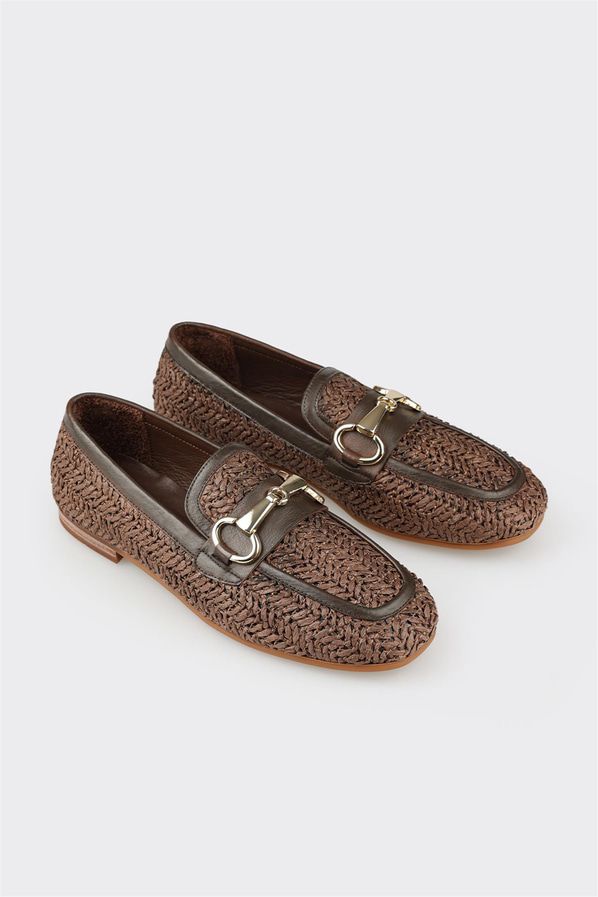 Kahve deri örgü dokulu kadın loafer, günlük kullanım için - Elle Shoes