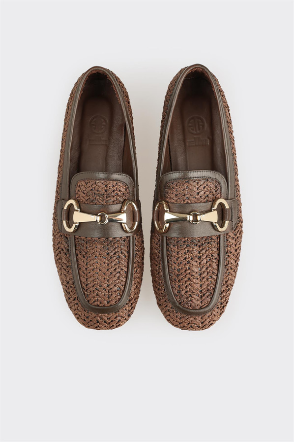 Kahve deri örgü dokulu kadın loafer, günlük kullanım için - Elle Shoes