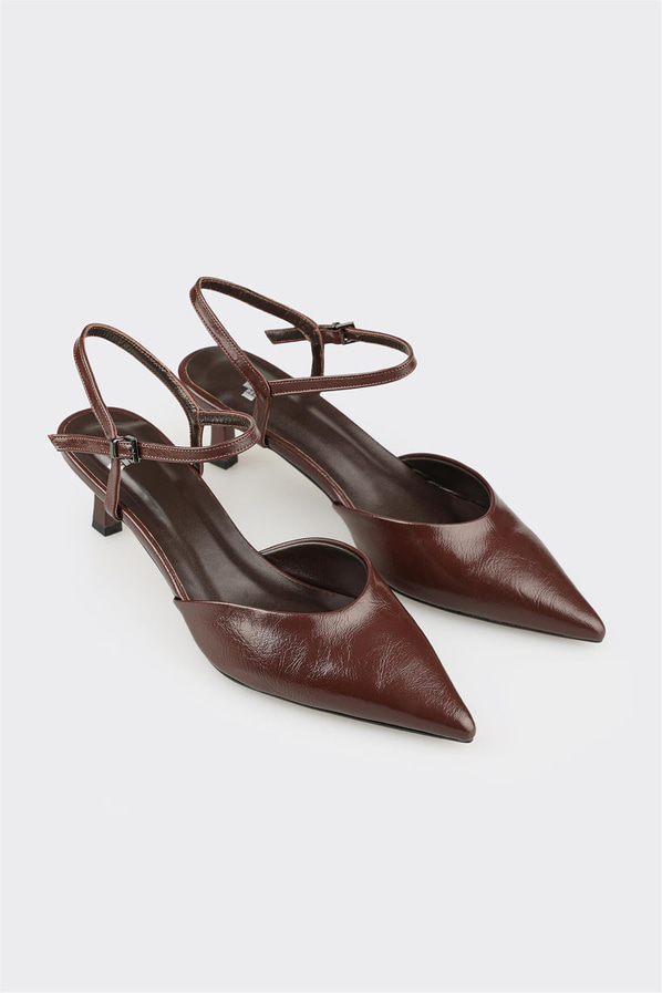 Kahve deri sivri burunlu ince topuklu kadın ayakkabı, ofis stili için - Elle Shoes