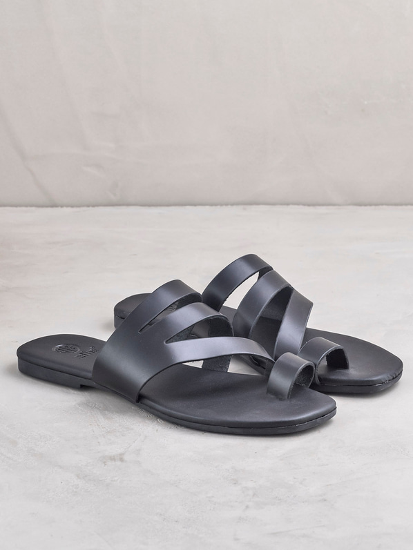 Siyah deri kadın düz terlik - Elle Shoes