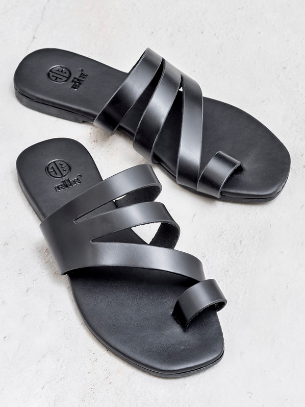 Siyah deri kadın düz terlik - Elle Shoes