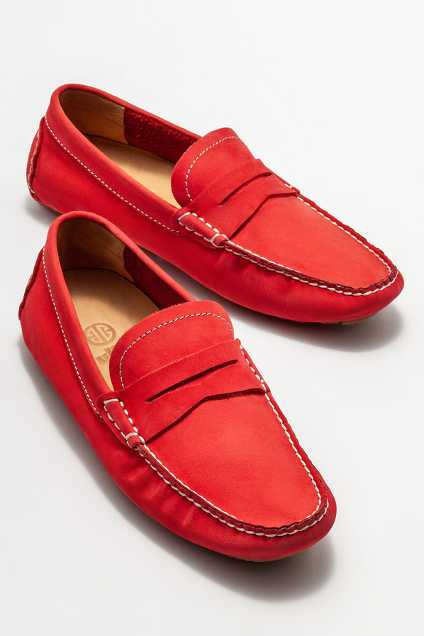 Kırmızı deri erkek loafer, günlük kullanım için - Elle Shoes